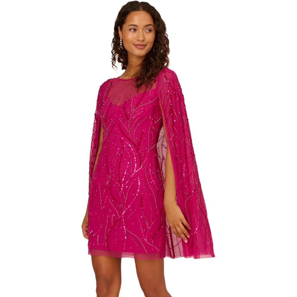 imageAdrianna Papell Womens Beaded Short Cape Sleeve DressHot Orchid