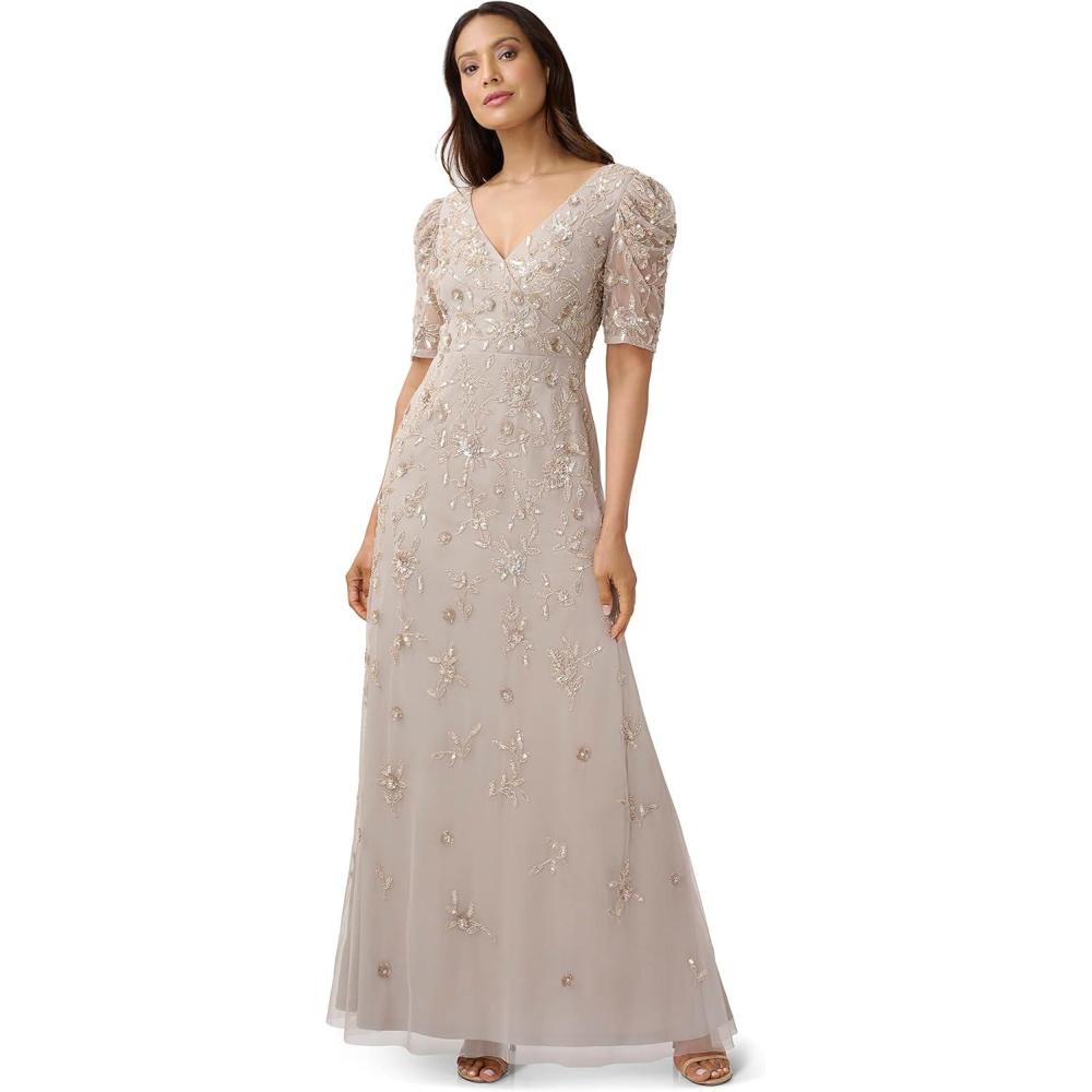 imageAdrianna Papell Womens Beaded Surplice GownMarble