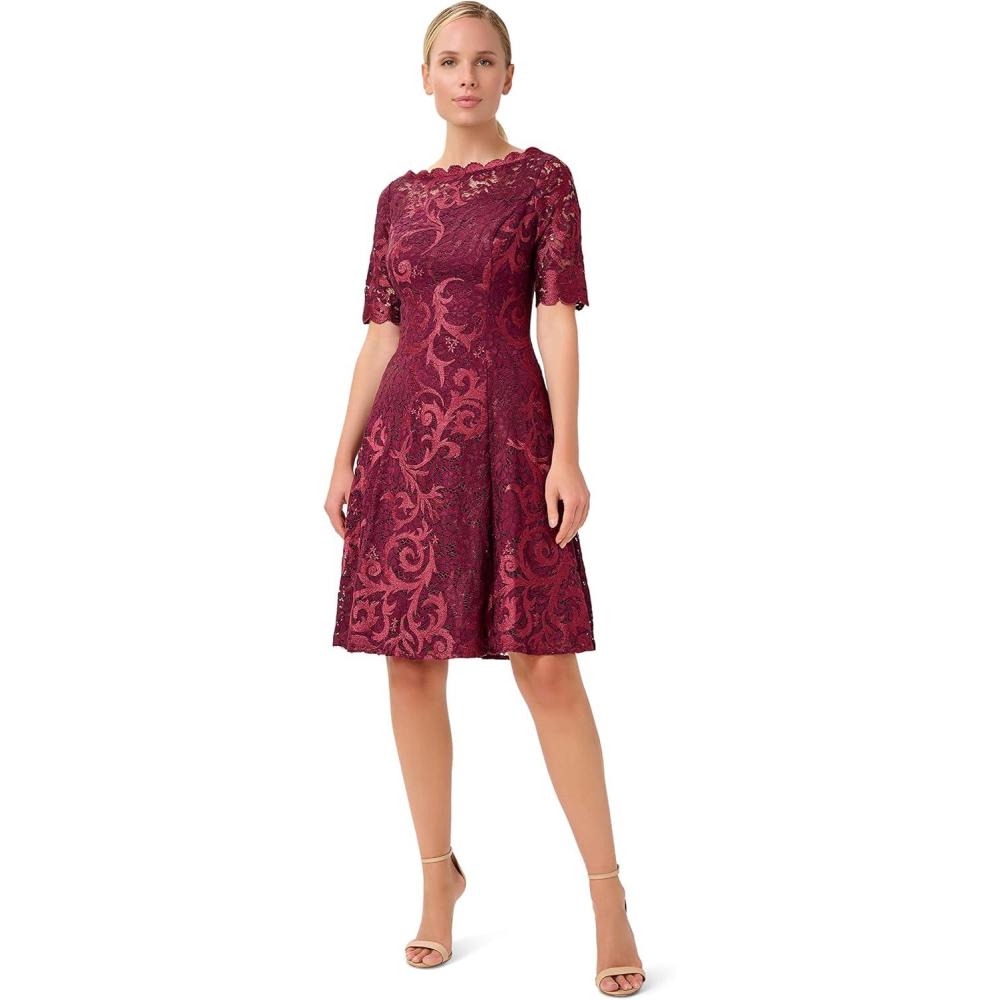 imageAdrianna Papell Womens Embroidered Lace Midi DressRed Wine