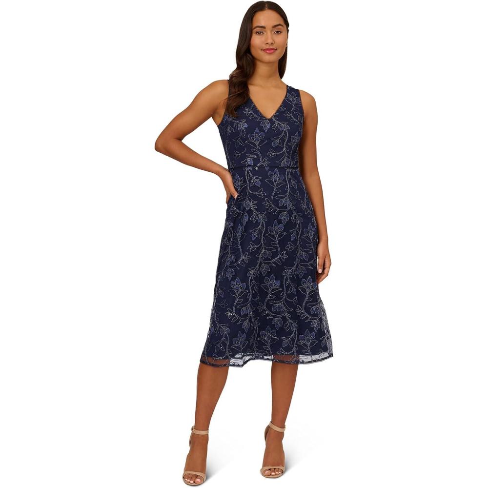 imageAdrianna Papell Womens Floral Sequin Embroidery DressLight Navy