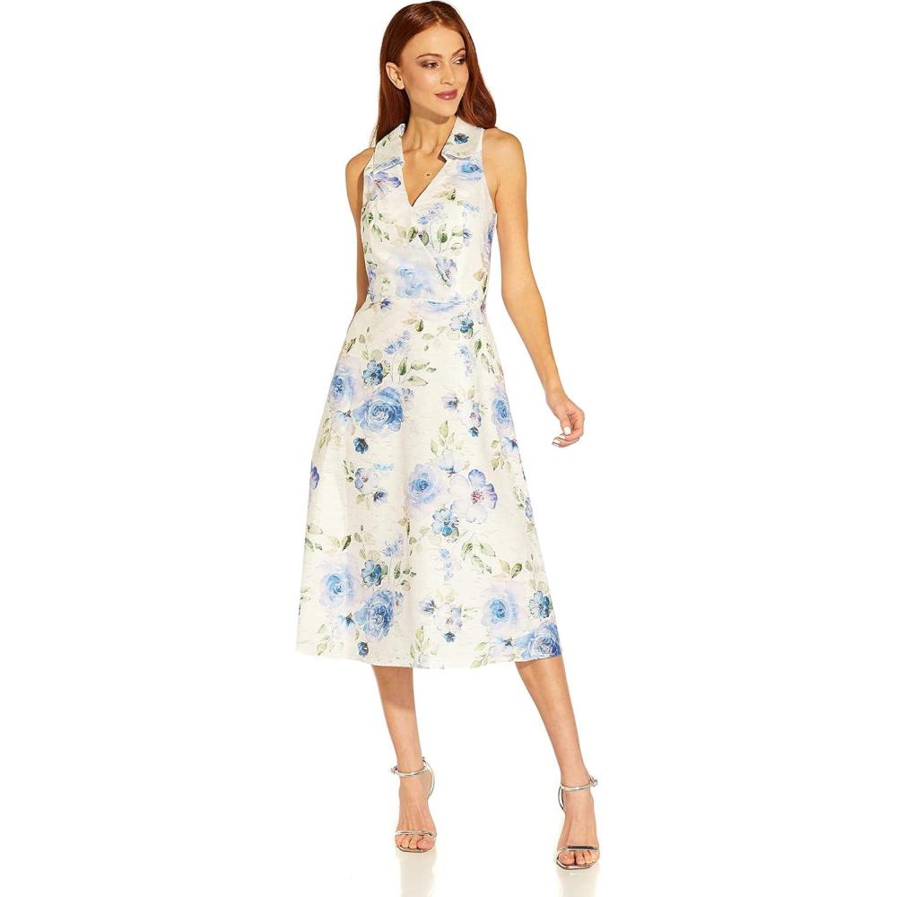 imageAdrianna Papell Womens Printed Jacquard Shirt DressIvoryBlue