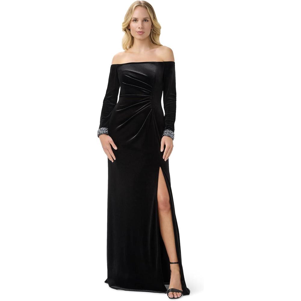 imageAdrianna Papell Womens Velvet Off The Shoulder GownBlack