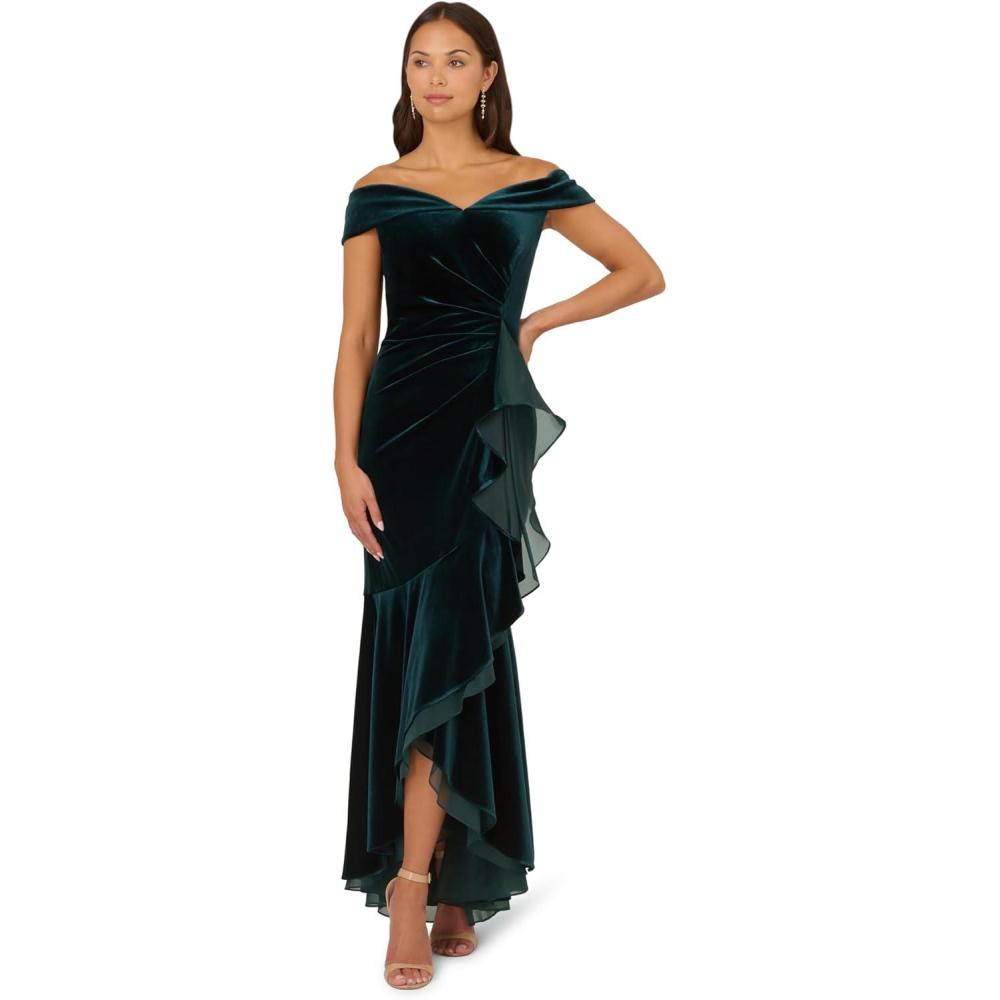 imageAdrianna Papell Womens Velvet Off The Shoulder GownHunter