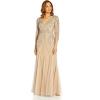 Adrianna Papell Women’s Beaded Mesh Godet Gown(Silver/Nude)