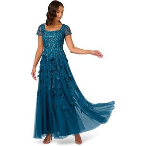 Adrianna Papell Womens Bead 3D Petal Long Dress(Teal Sapphire)