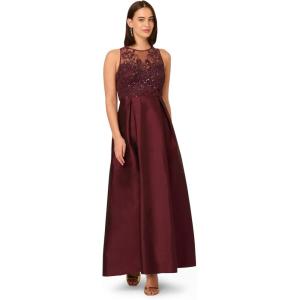 Adrianna Papell Womens Bead Combo Taffeta Long Dress(Plum Wine)