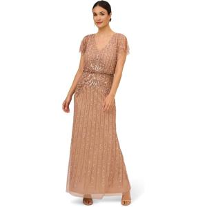 Adrianna Papell Women’s Beaded Blouson Long Dress, Rose Gold, 8