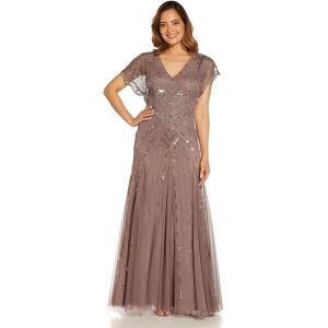 Adrianna Papell Women’s Beaded Flutter Sleeve Gown(Stone)