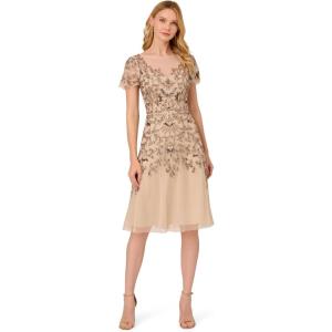 Adrianna Papell Womens Beaded Lace Dress(Biscotti)