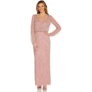 Adrianna Papell Womens Beaded Long Sleeve Gown(Candied Ginger)