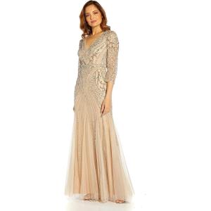 Adrianna Papell Women’s Beaded Mesh Godet Gown(Silver/Nude)