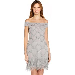 Adrianna Papell Womens Beaded Off Shoulder Gown(Bridal Silver)