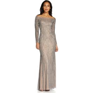 Adrianna Papell Womens Beaded Off Shoulder Gown(Sterling)