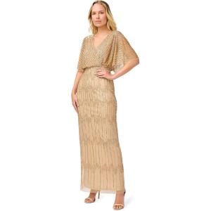 Adrianna Papell Womens Beaded Surplice Gown(Champagne Gold)