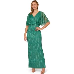 Adrianna Papell Womens Beaded Surplice Gown(Jungle Green)