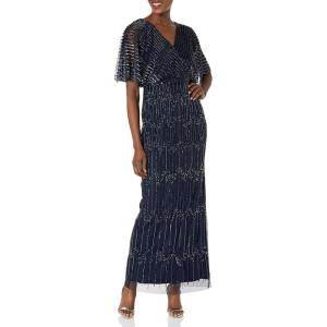 Adrianna Papell Womens Beaded Surplice Gown(Navy/Gunmetal)