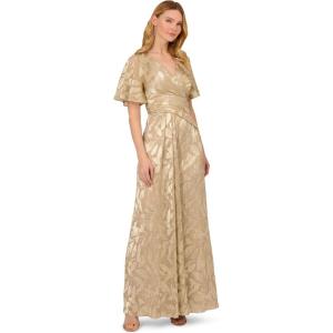 Adrianna Papell Womens Foil Leaf Draped Gown(Champagne/Gold)