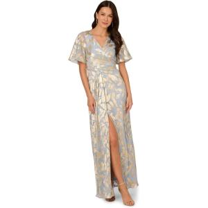 Adrianna Papell Womens Foil Leaf Draped Gown(Light Blue/Gold)