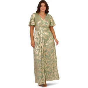 Adrianna Papell Womens Foil Leaf Draped Gown(Sage/Gold)