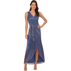 Adrianna Papell Women’s Metallic Mesh Cascade Gown, Light Navy