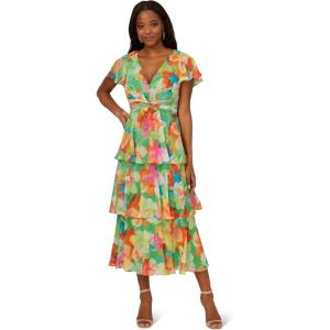 Adrianna Papell Womens Tiered Chiffon Midi Dress(Green Multi)
