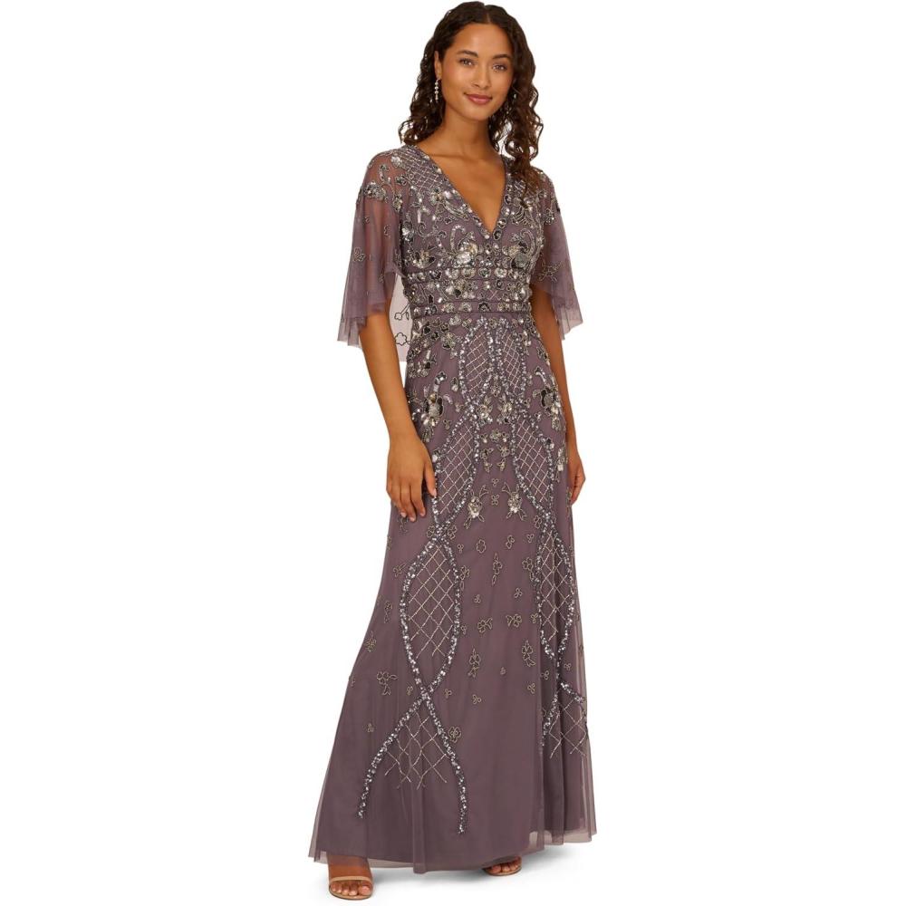 imageAdrianna Papell Womens Beaded Cape Sleeve Long DressMoonscape
