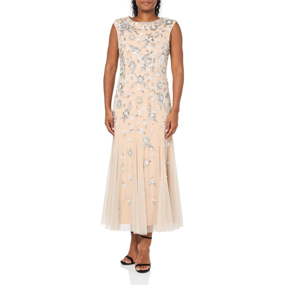 imageAdrianna Papell Womens Beaded Mesh Ankle DressSpecial Occasion DressSilverNude