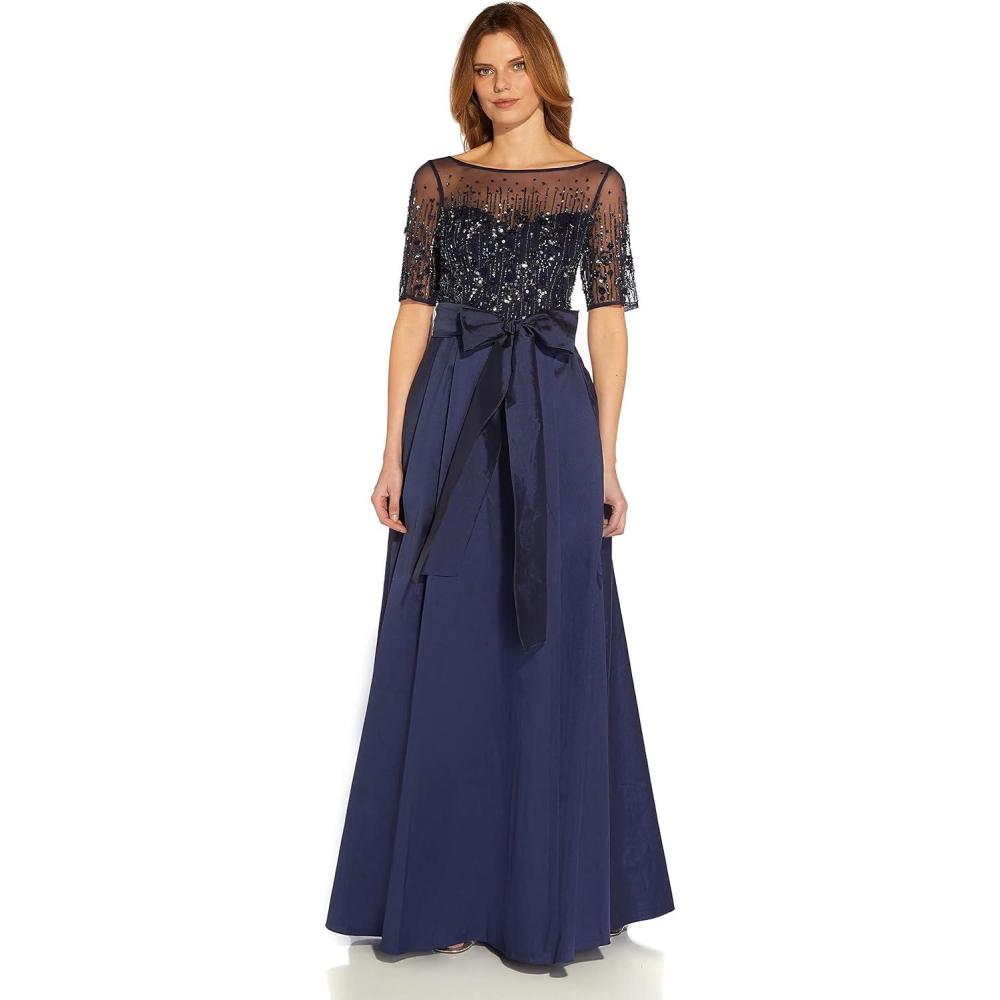 imageAdrianna Papell Womens Beaded Mesh and Taffeta GownNavy