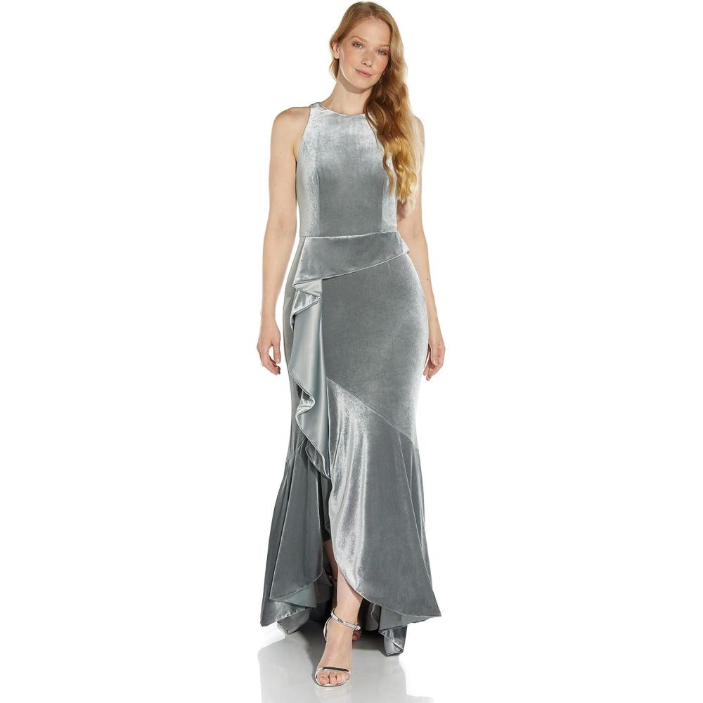 imageAdrianna Papell Womens Velvet Cascade GownSilver