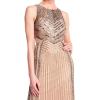Adrianna Papell Women’s V-Neck Allover Beaded Mesh Overlay Gown(Taupe/Pink)