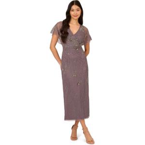 Adrianna Papell Women’s Bead Flutter Sleeve Long Dress(Moonscape)