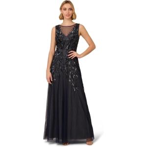 Adrianna Papell Women’s Bead Metallic Mesh Dress(Navy/Silver)