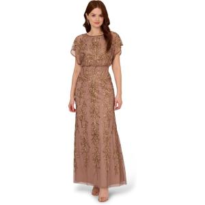Adrianna Papell Womens Beaded Blouson Gown(Stone)