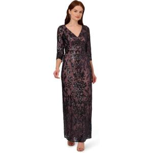 Adrianna Papell Womens Beaded Long Dress(Navy/Rosegold)