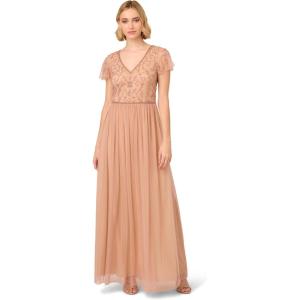 Adrianna Papell Womens Beaded Long Dress(Rose Gold)