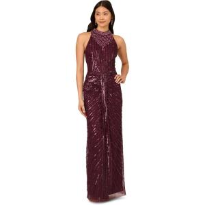 Adrianna Papell Womens Halter Bead Drape Long Dress(Deep Amethyst)