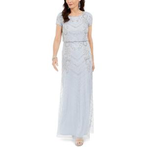 Adrianna Papell Women’s V-Neck Allover Beaded Mesh Overlay Gown(Glacier)