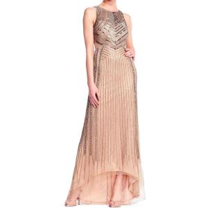 Adrianna Papell Women’s V-Neck Allover Beaded Mesh Overlay Gown(Taupe/Pink)