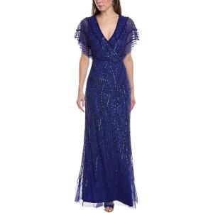 Adrianna Papell Women’s V-Neck Allover Beaded Mesh Overlay Gown(Ultra Blue)