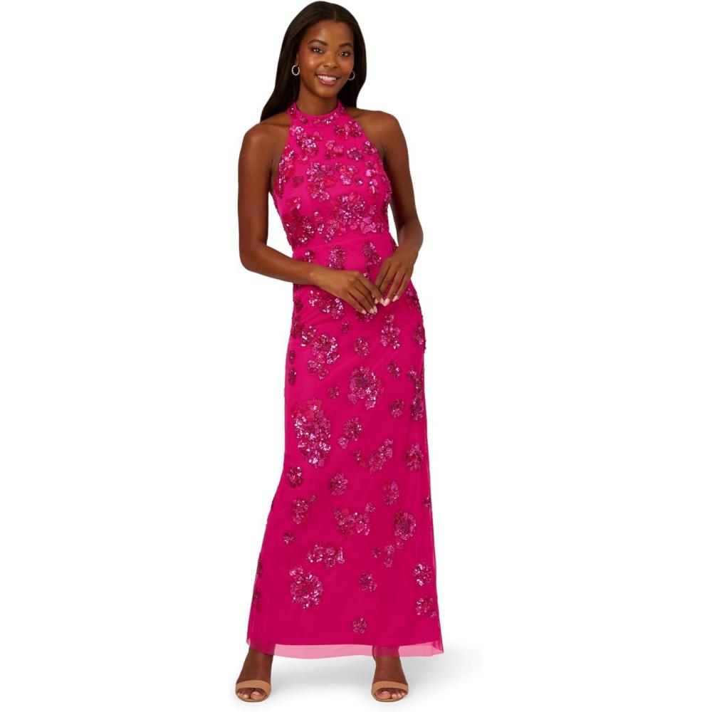 imageAdrianna Papell Womens Bead Halter Column DressBerry Rose