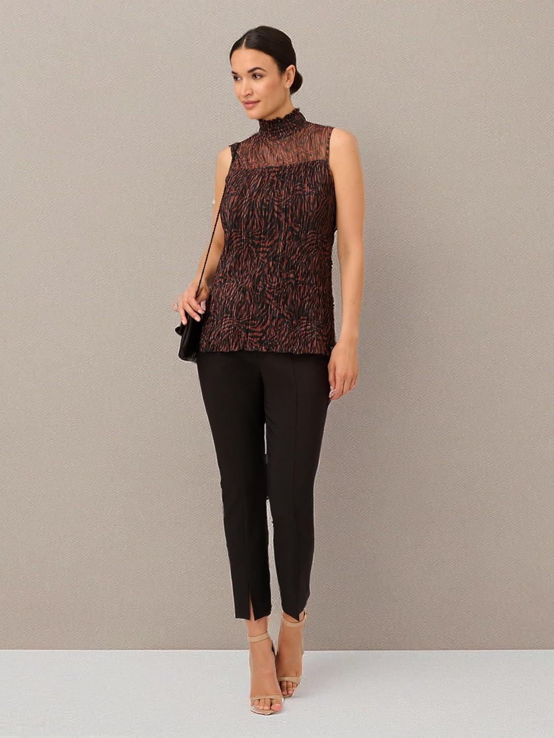 imageAdrianna Papell Womens Pleated Mesh Sleeveless BlouseBrown Zebra