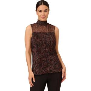 Adrianna Papell Women’s Pleated Mesh Sleeveless Blouse(Brown Zebra)