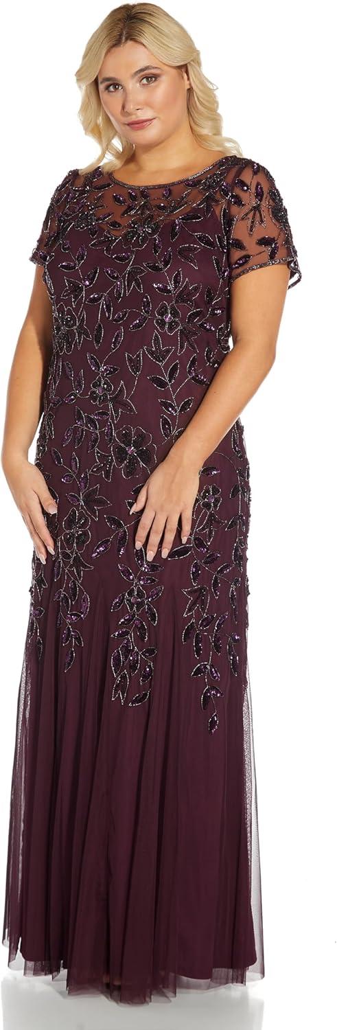 image:imageAdrianna Papell Womens Bead Long Dress with GodetsNight Plum