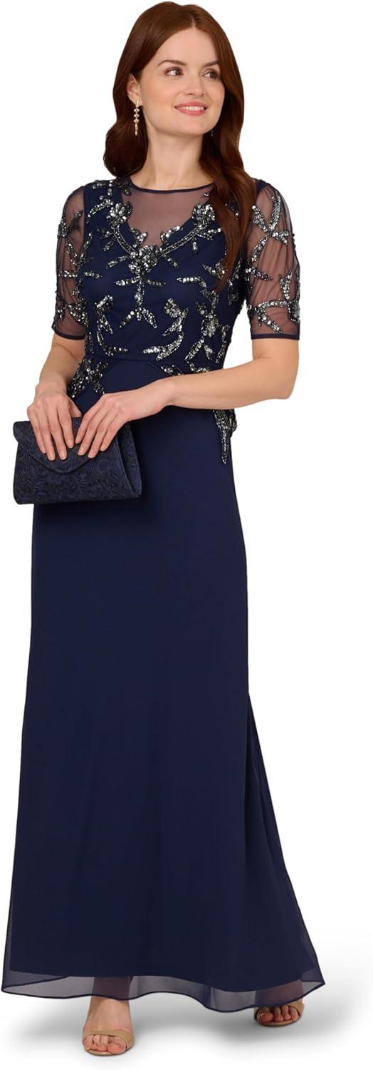 image:imageAdrianna Papell Womens Beaded Chiffon Long DressLight NavyGunmetal