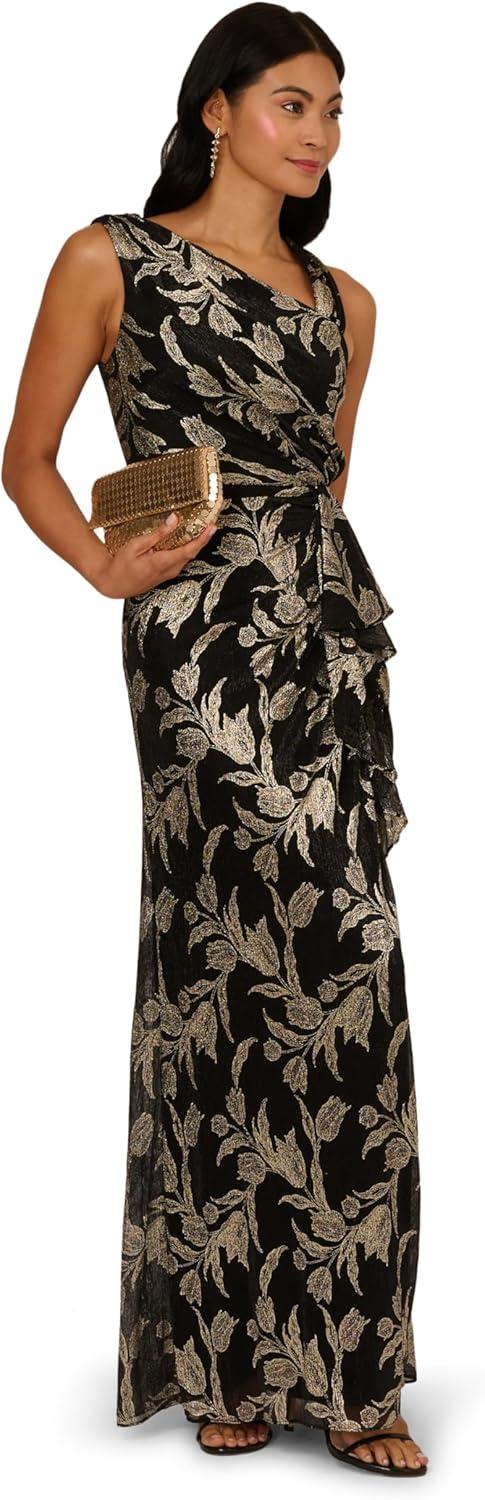 image:imageAdrianna Papell Womens Crinkle Metallic Mesh GownBlackGold