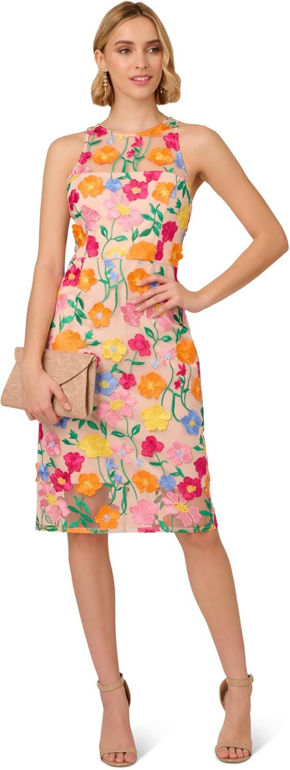 image:imageAdrianna Papell Womens Embroidered Column Midi DressPinkYellow Multi
