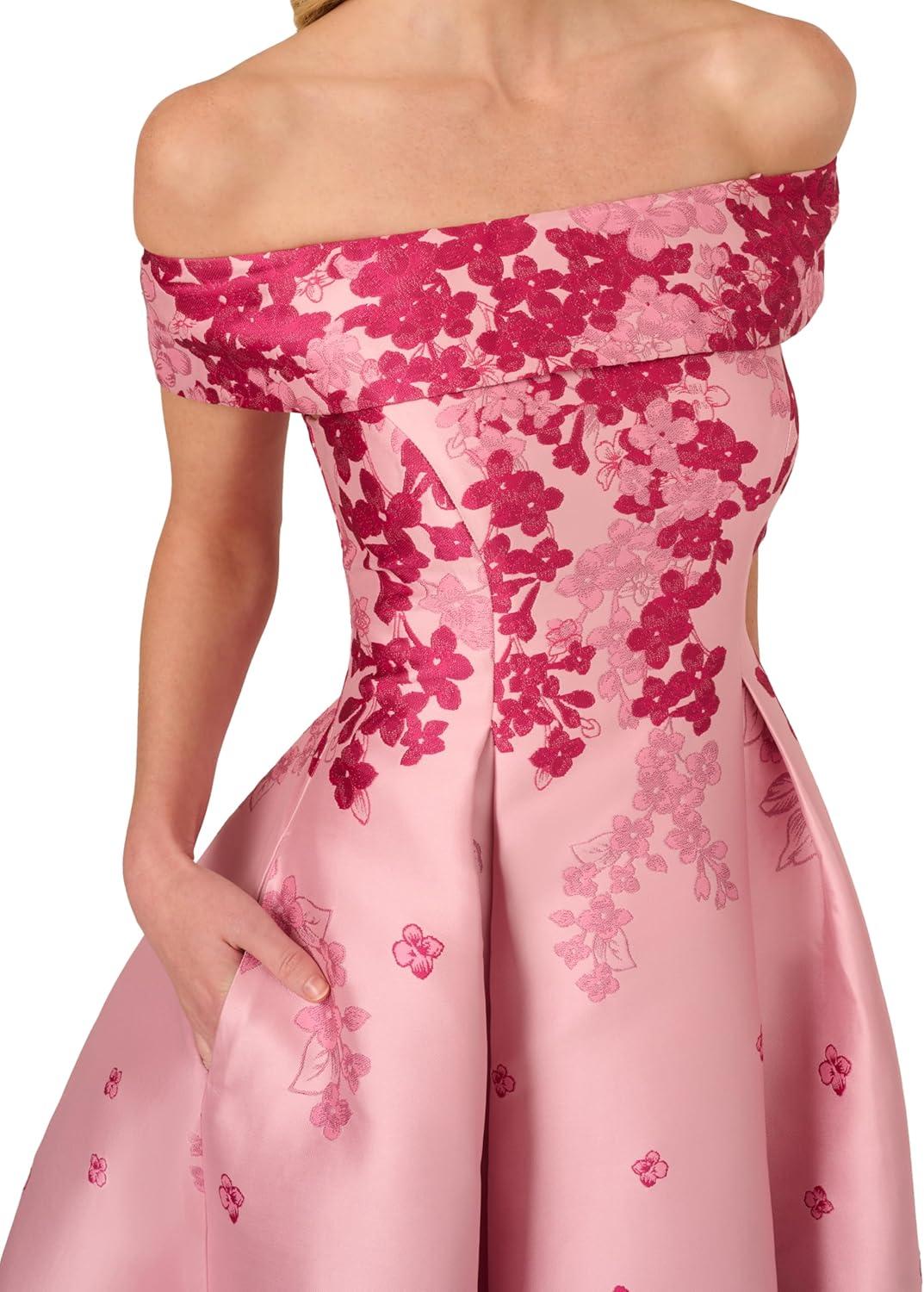 image:imageAdrianna Papell Womens Floral Off Shoulder Dress Formal Jacquard Dress with Fitted Bodice amp Structured Long Skirt