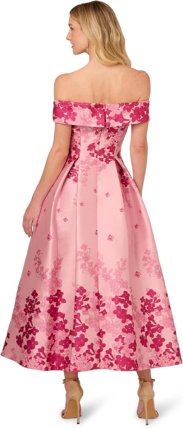 image:imageAdrianna Papell Womens Floral Off Shoulder Dress Formal Jacquard Dress with Fitted Bodice amp Structured Long Skirt