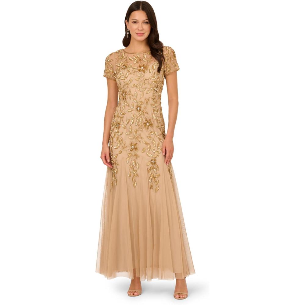 image:imageAdrianna Papell Womens Bead Long Dress with GodetsChampagne Gold