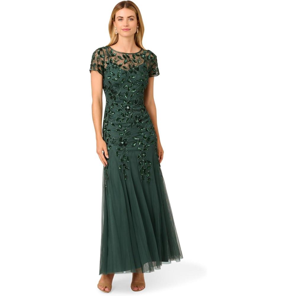 image:imageAdrianna Papell Womens Bead Long Dress with GodetsDusty Emerald